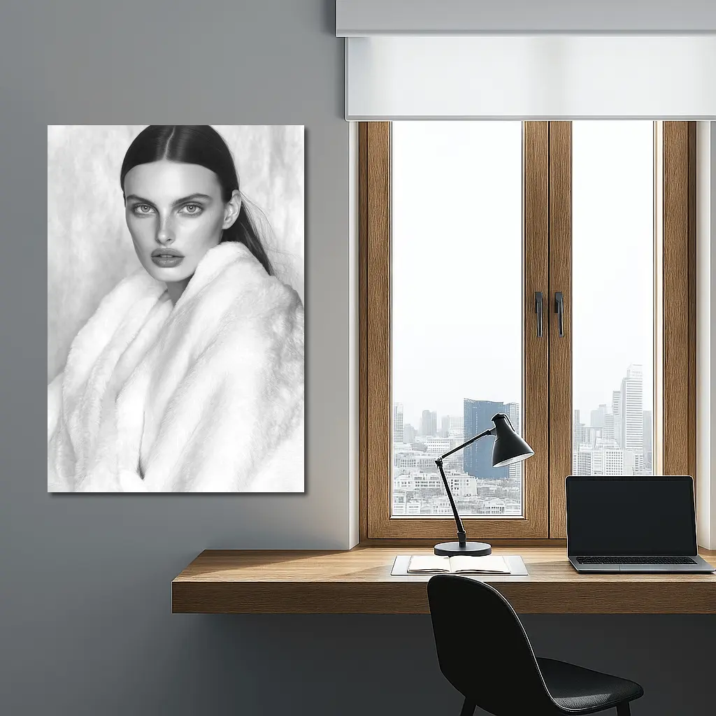 Black and White Fashion Model Fur Portrait – Wall Art