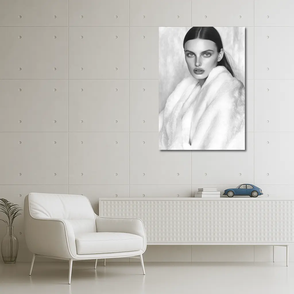 Black and White Fashion Model Fur Portrait – Wall Art