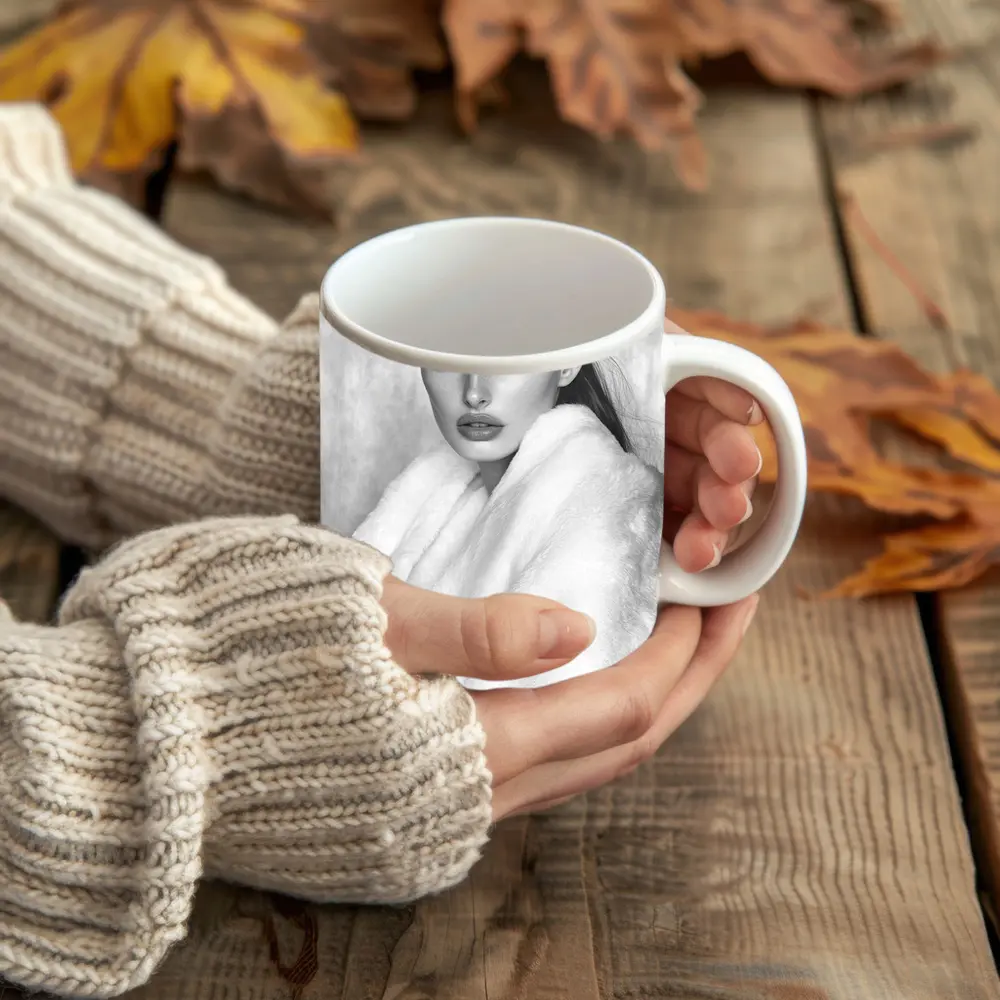 Black and White Fashion Model Fur Portrait – Mugs