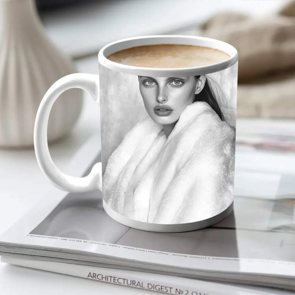 Black and White Fashion Model Fur Portrait – Mugs