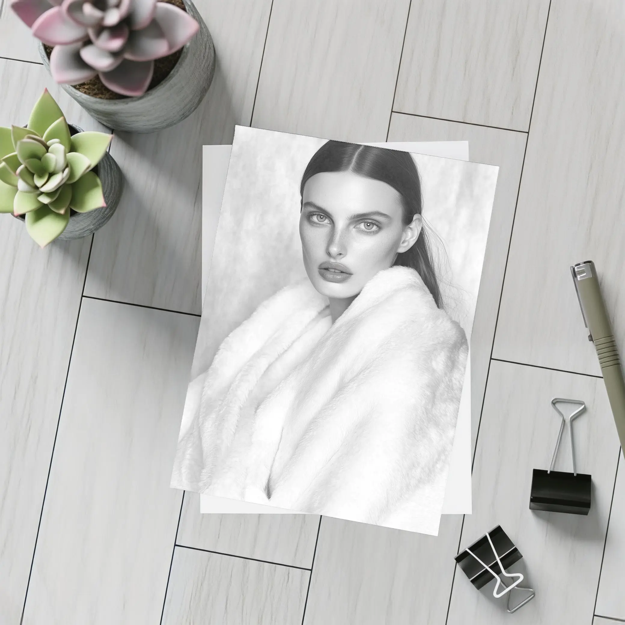 Black and White Fashion Model Fur Portrait – Postcards
