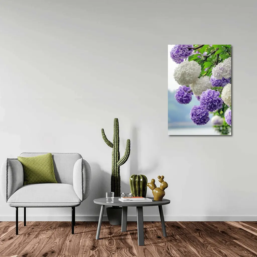 Purple White Hydrangea Blooms Over Lake – Wall Art