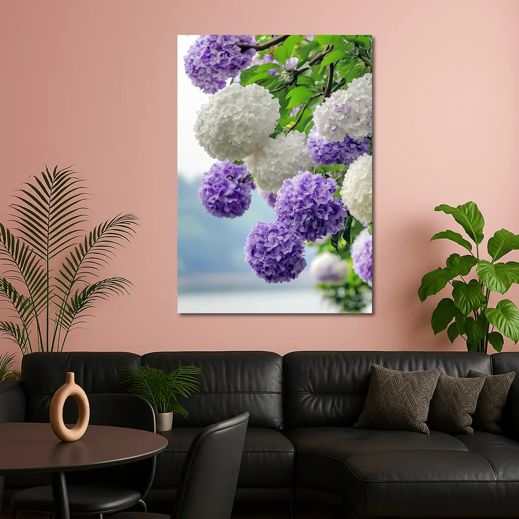 Purple White Hydrangea Blooms Over Lake – Wall Art