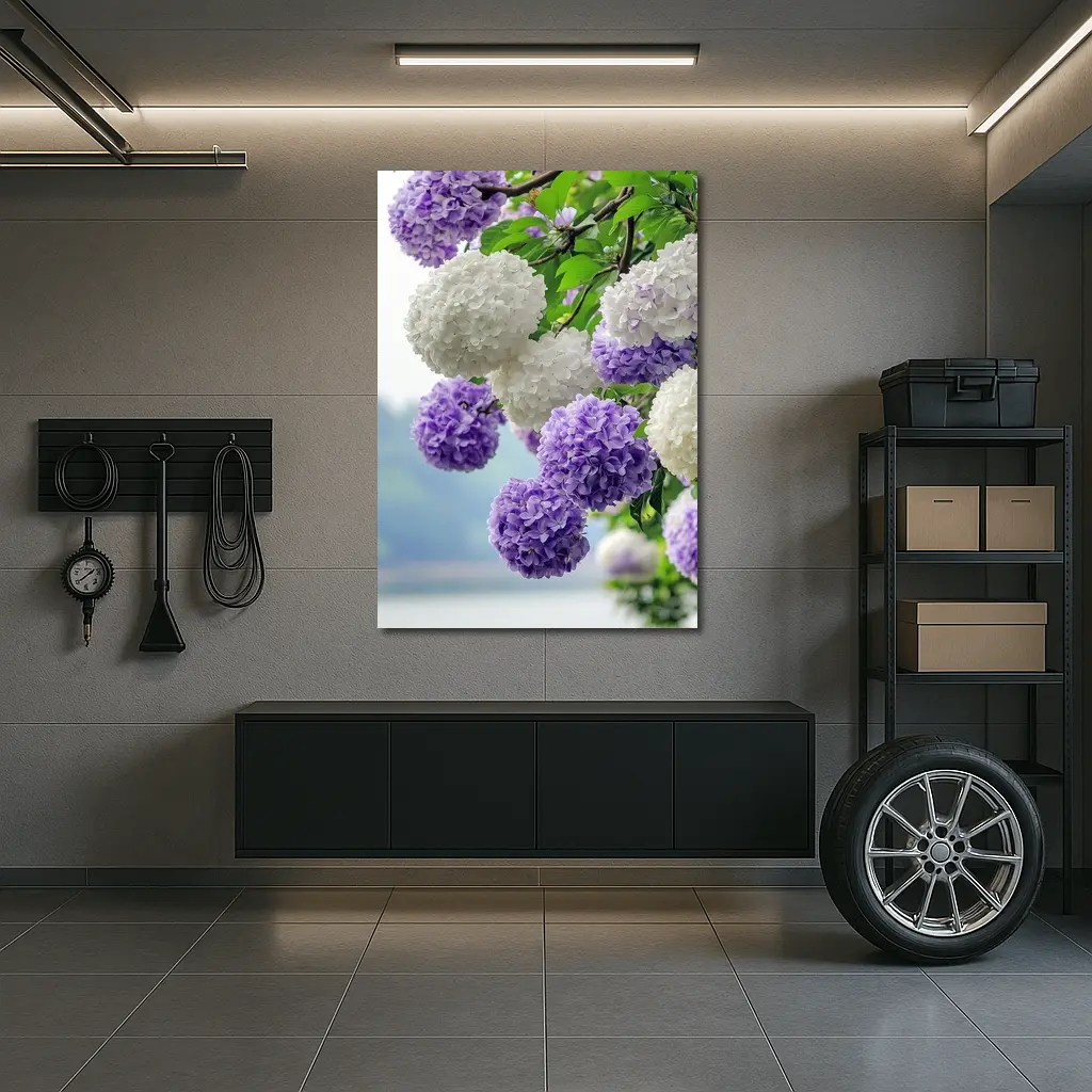 Purple White Hydrangea Blooms Over Lake – Wall Art