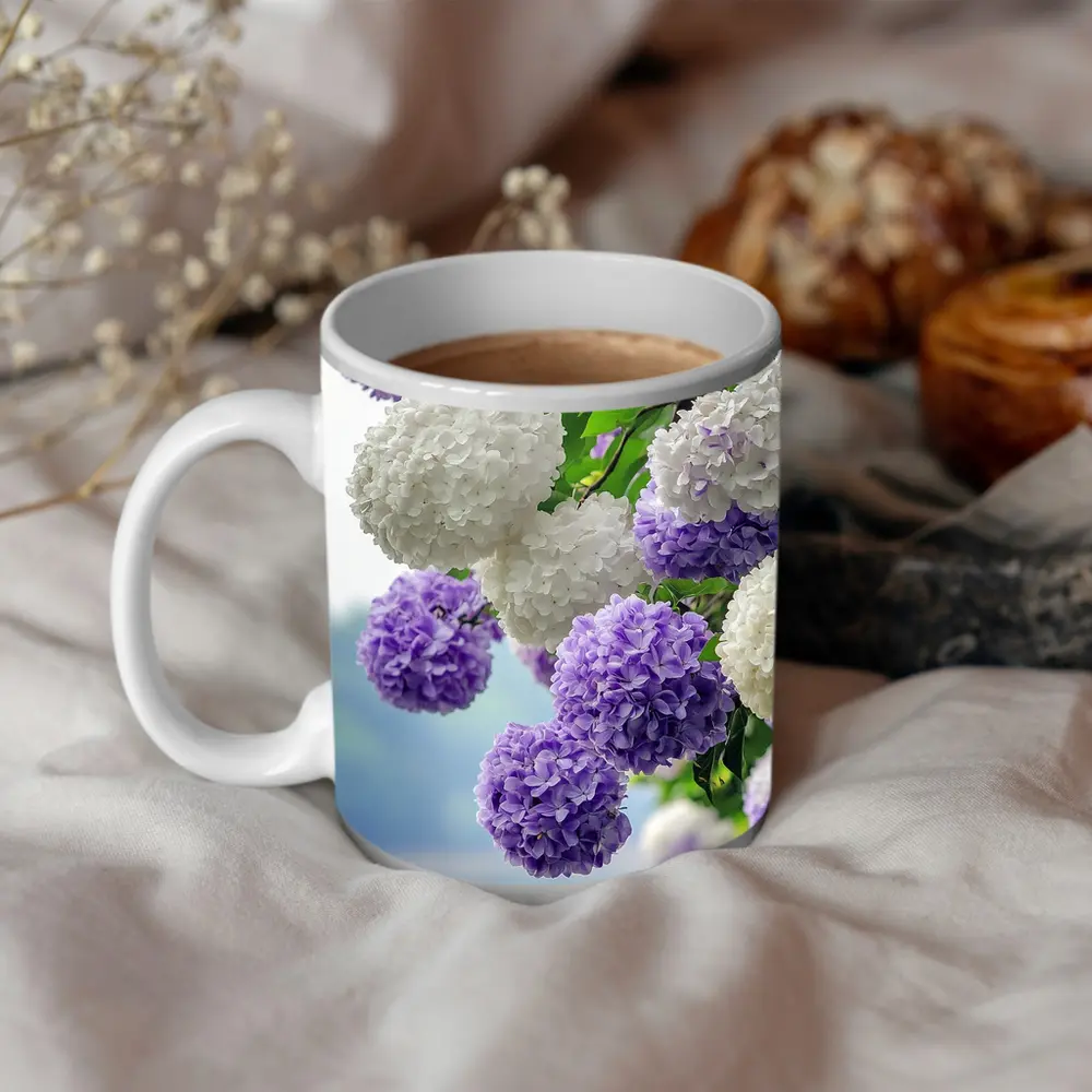 Purple White Hydrangea Blooms Over Lake – Mugs