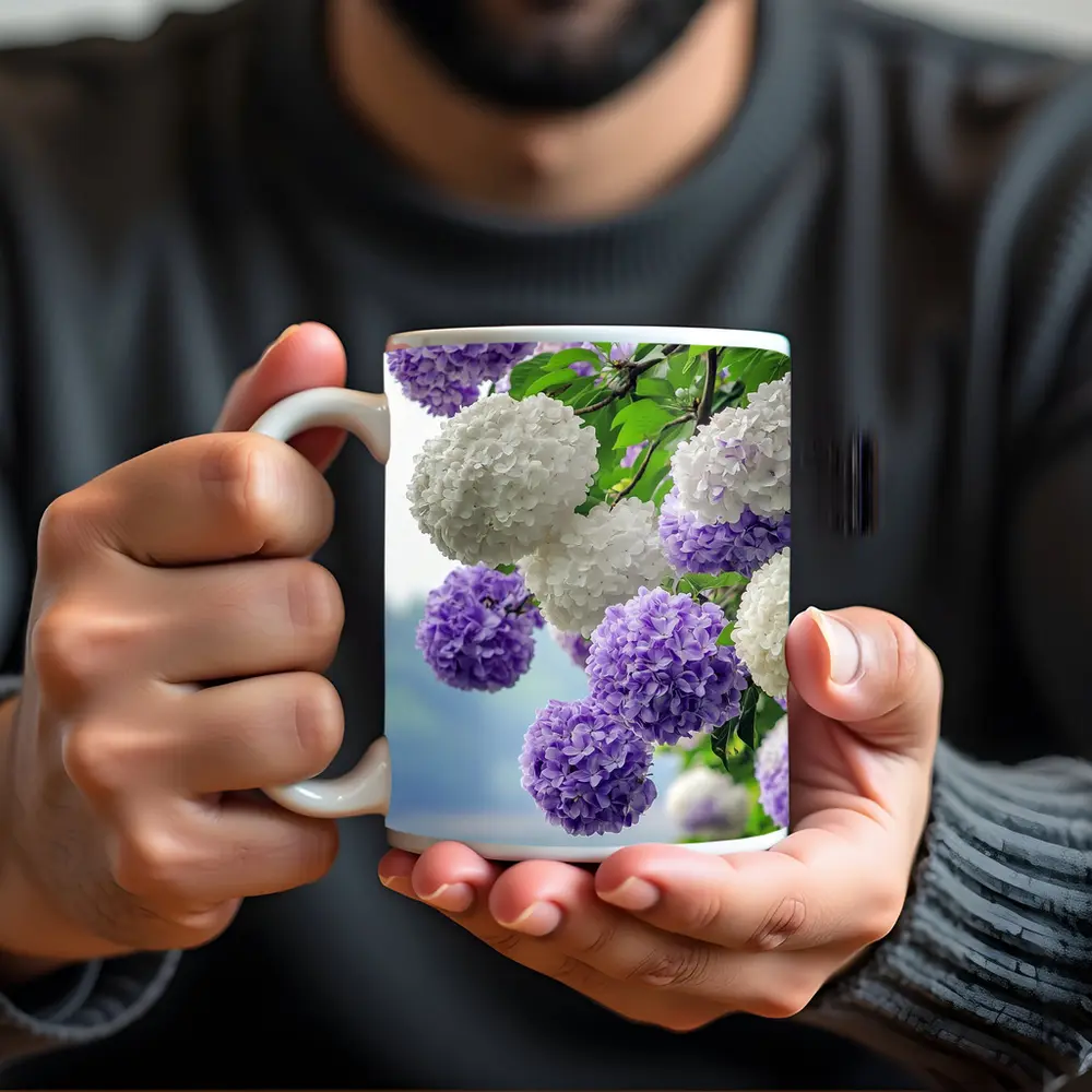 Purple White Hydrangea Blooms Over Lake – Mugs