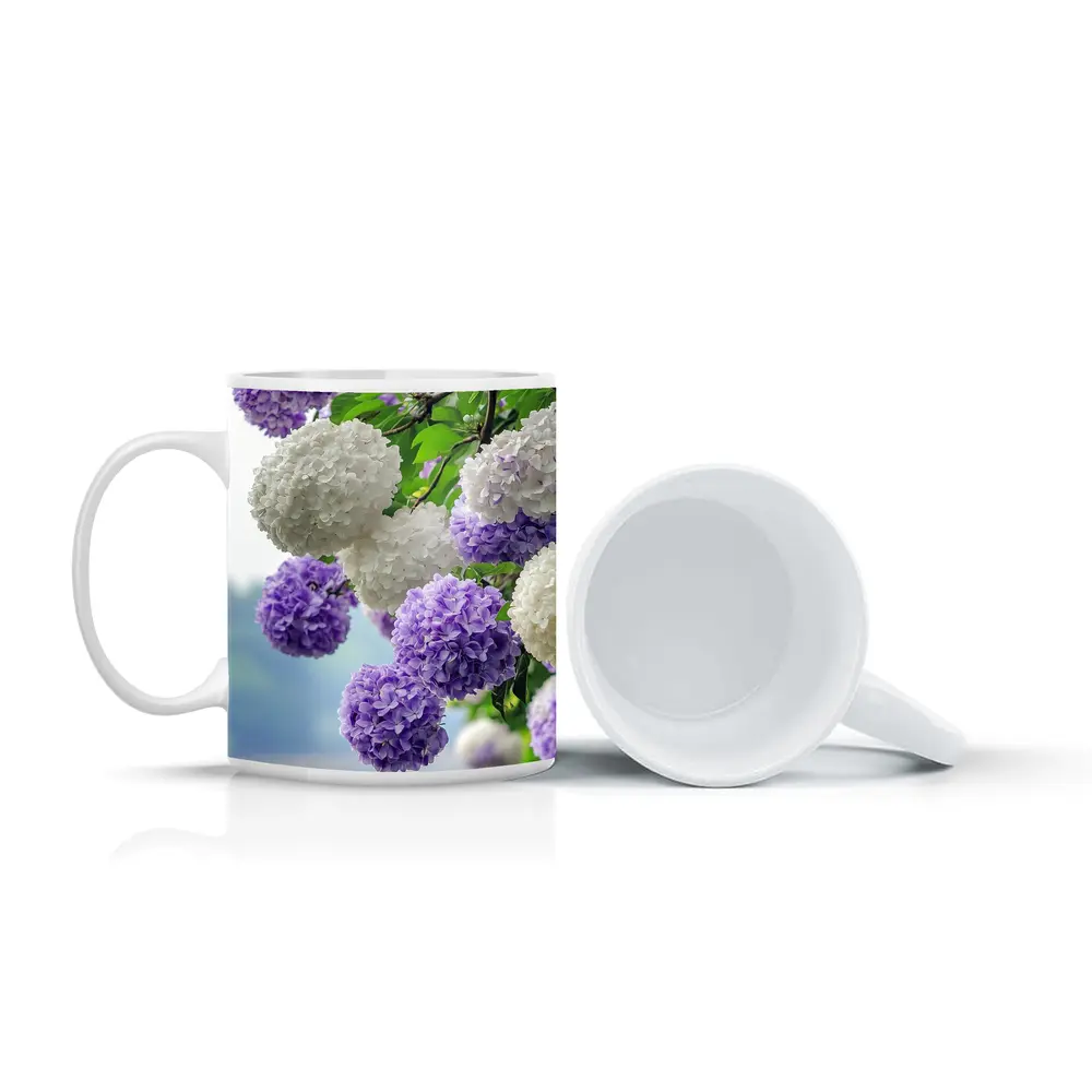 Purple White Hydrangea Blooms Over Lake – Mugs