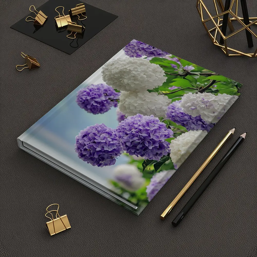 Purple White Hydrangea Blooms Over Lake – Notebooks