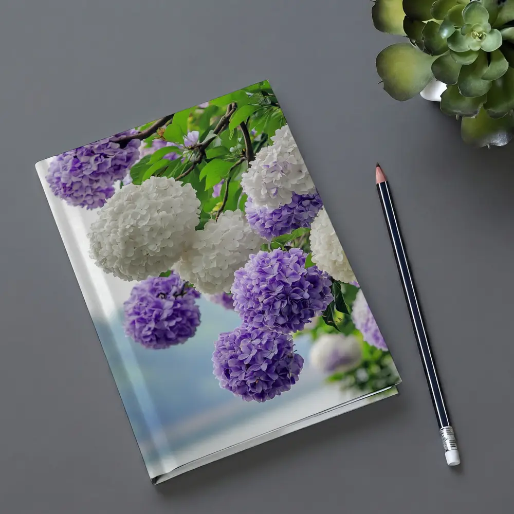 Purple White Hydrangea Blooms Over Lake – Notebooks