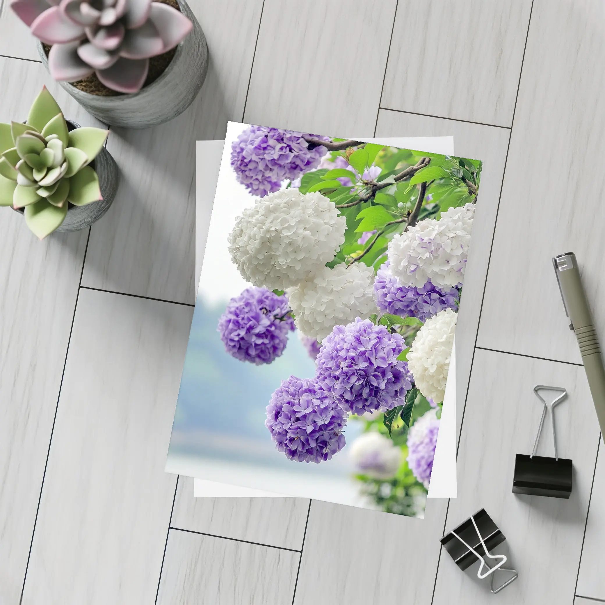 Purple White Hydrangea Blooms Over Lake – Postcards