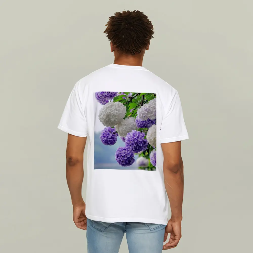 Purple White Hydrangea Blooms Over Lake – T-Shirts