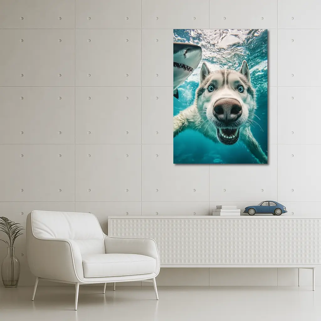 Siberian Husky Selfie Underwater With Shark – Wall Art