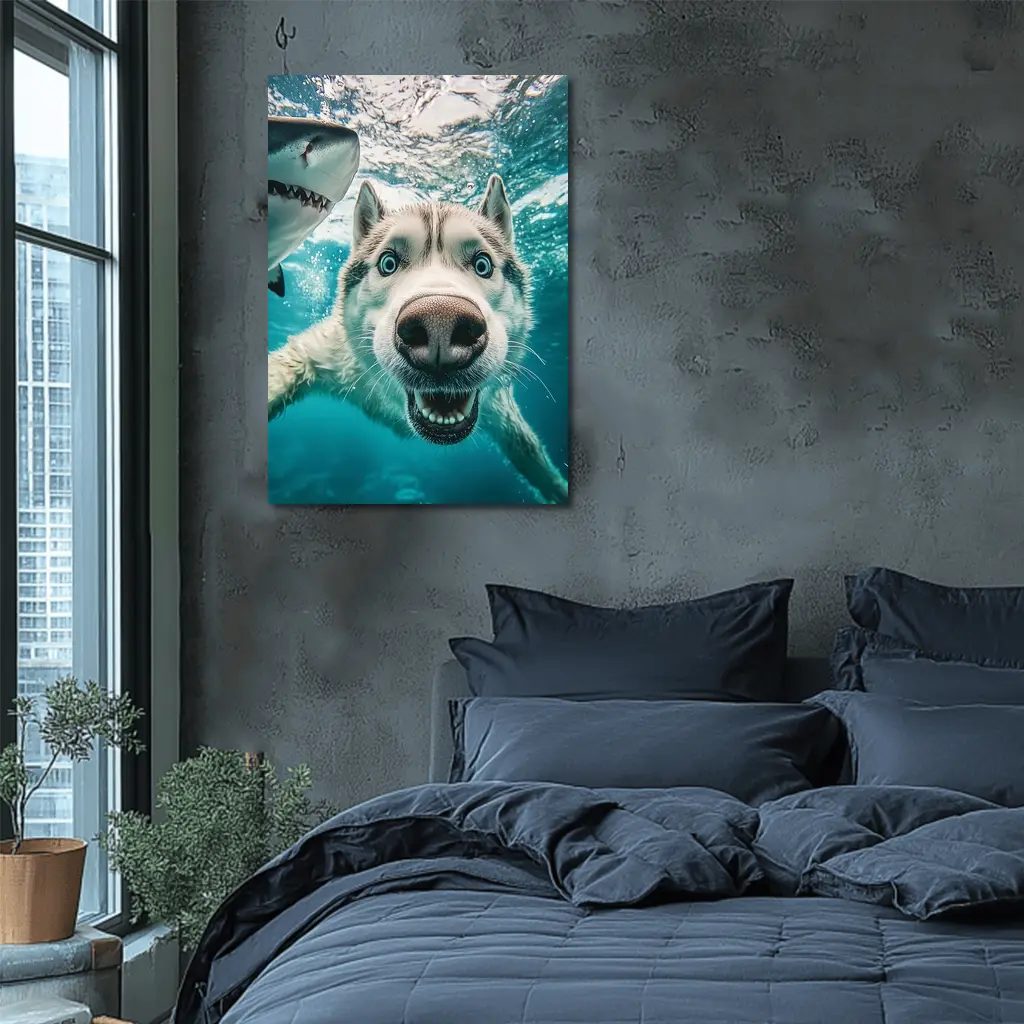 Siberian Husky Selfie Underwater With Shark – Wall Art