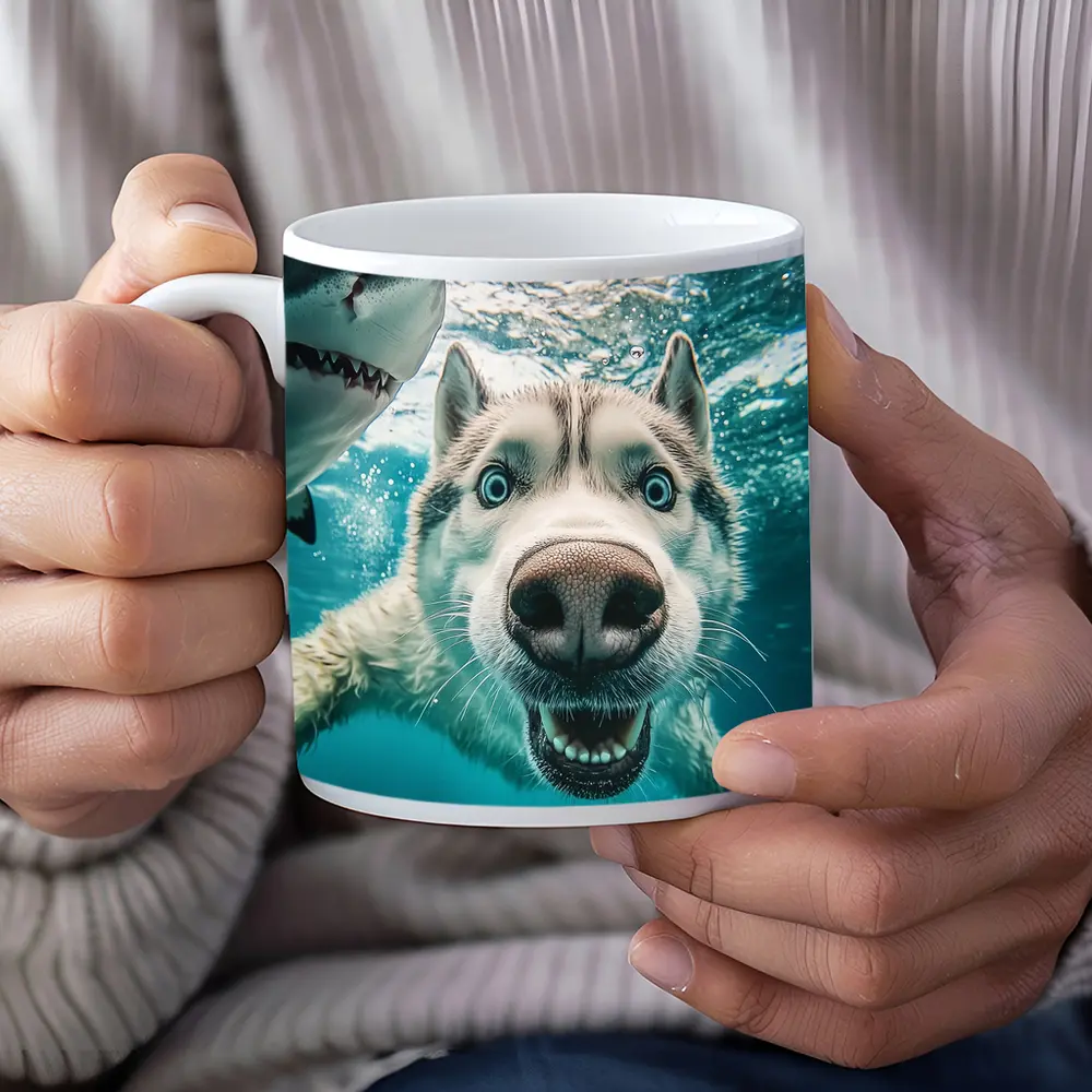 Siberian Husky Selfie Underwater With Shark – Mugs