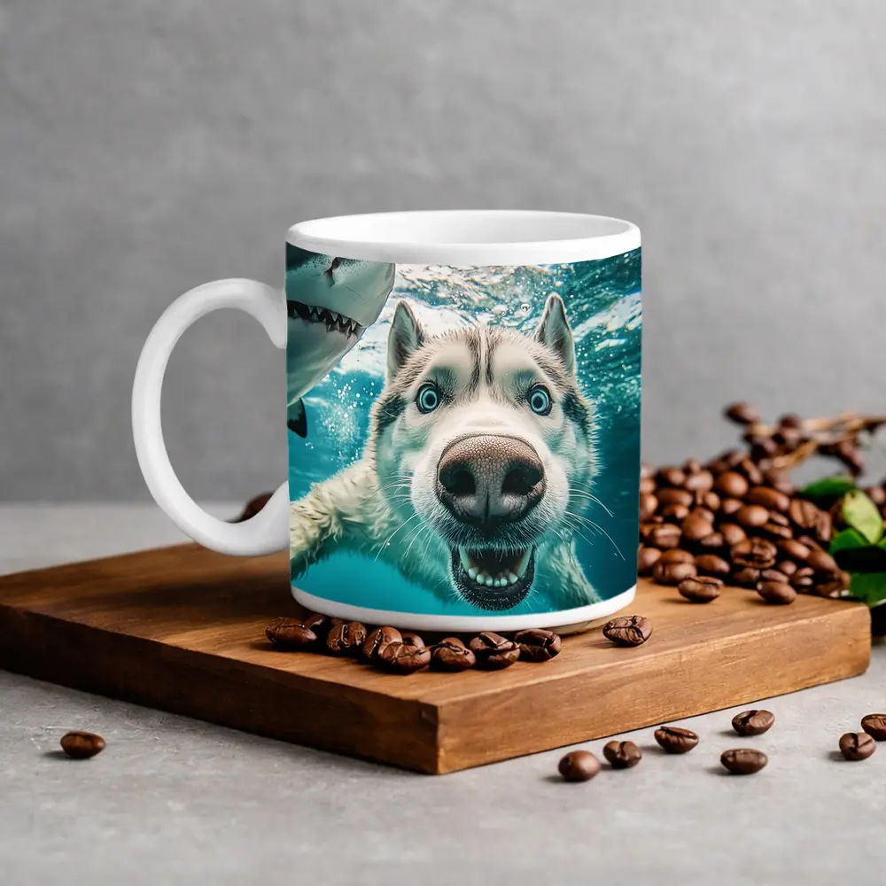 Siberian Husky Selfie Underwater With Shark – Mugs