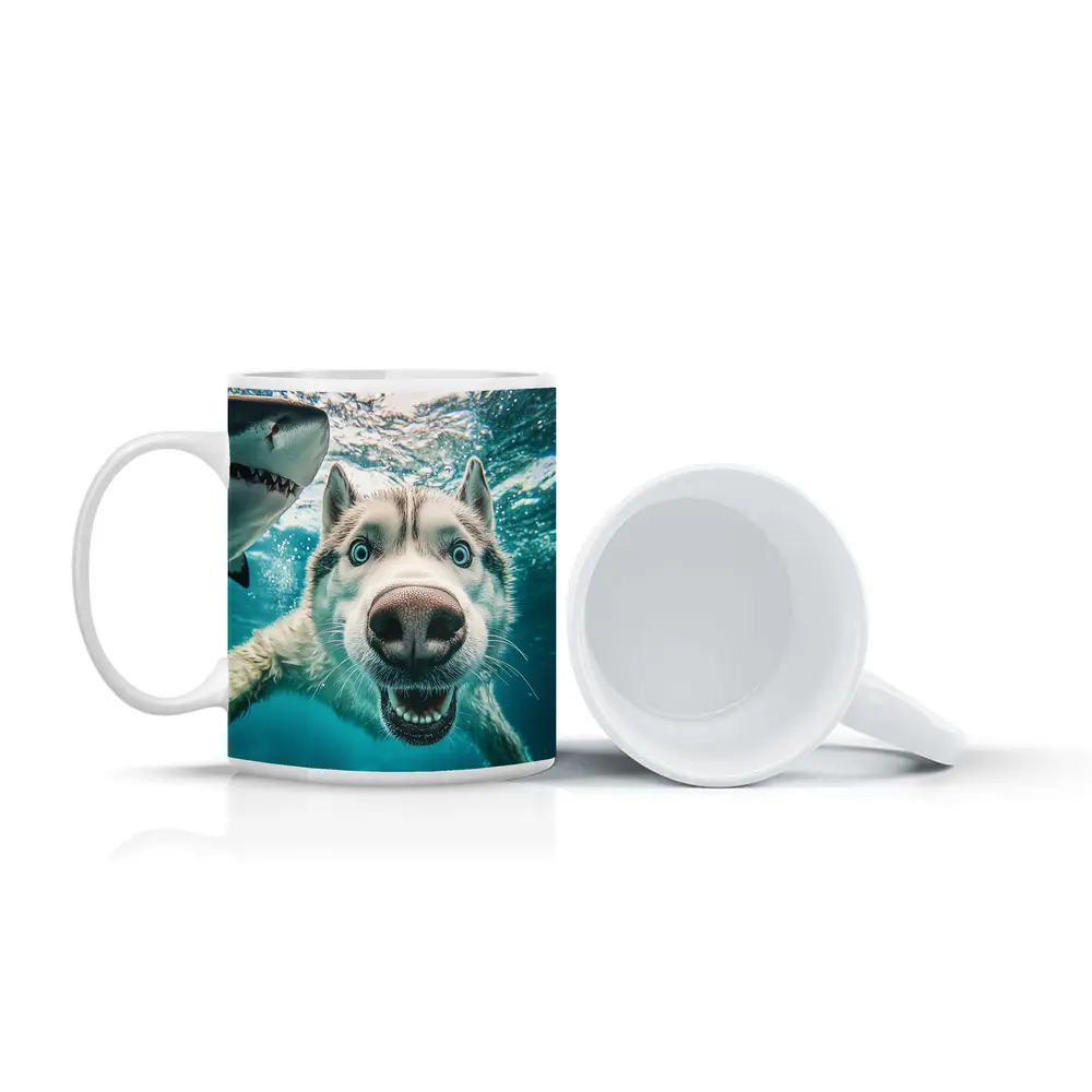 Siberian Husky Selfie Underwater With Shark – Mugs