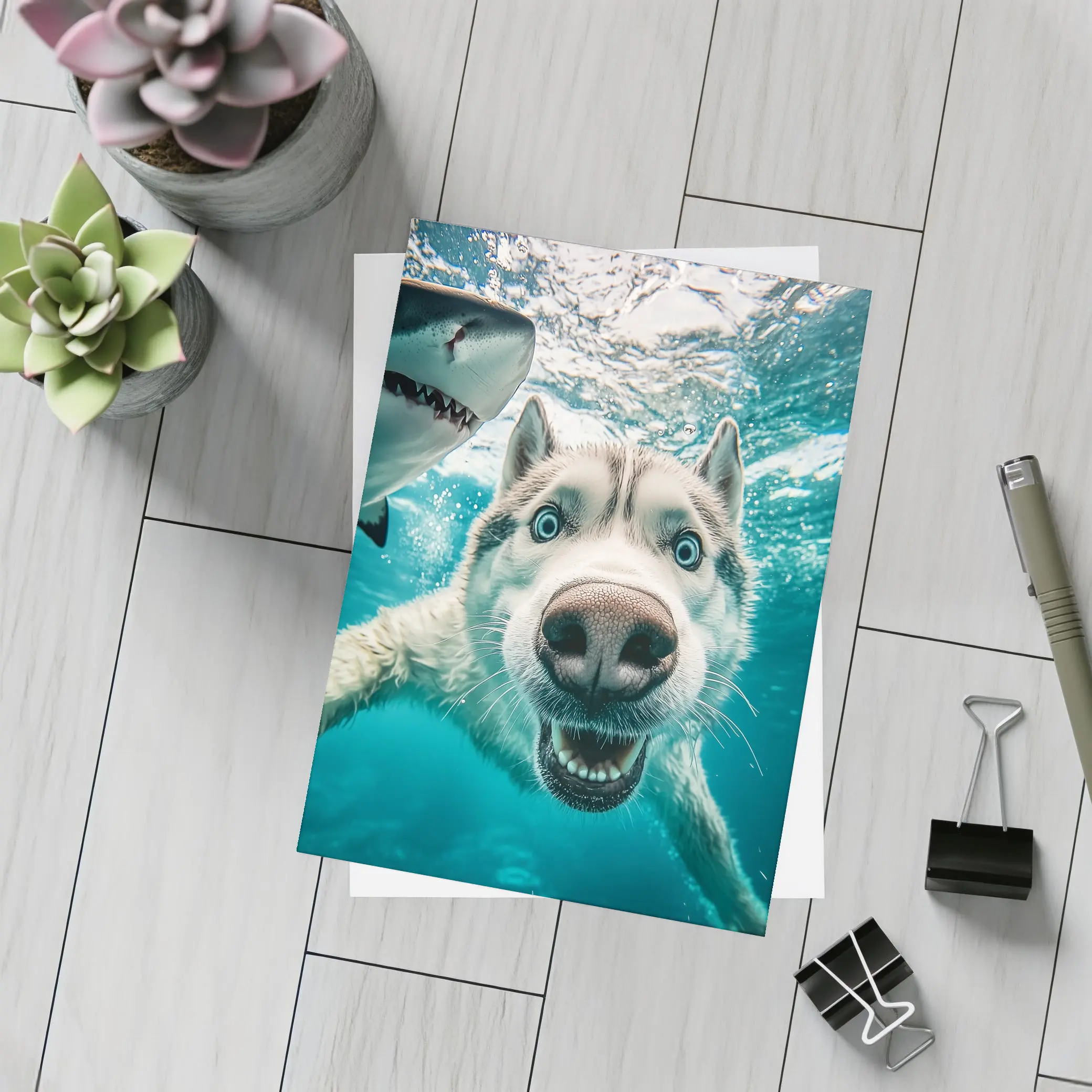Siberian Husky Selfie Underwater With Shark – Postcards