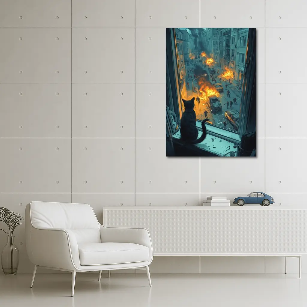 Cat Watching Chaotic City Street Fire – Wall Art