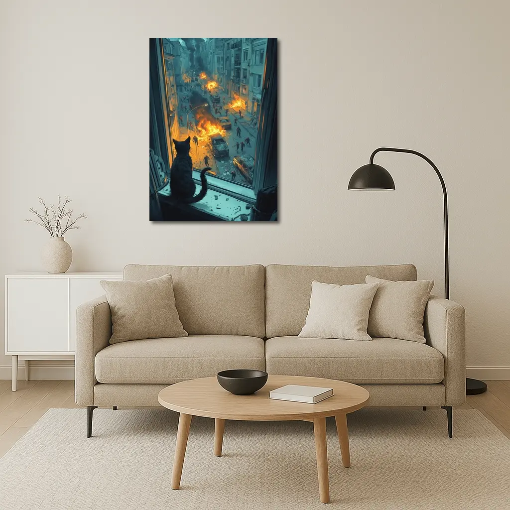 Cat Watching Chaotic City Street Fire – Wall Art
