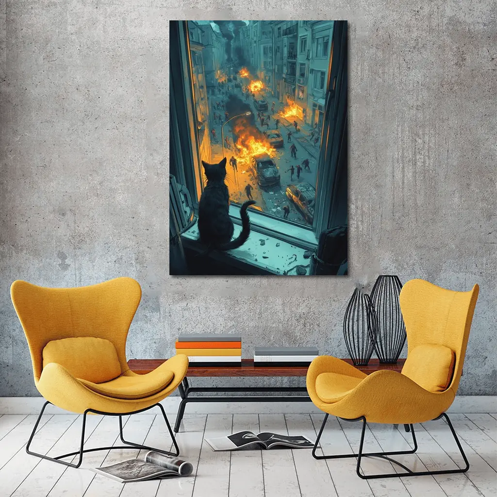 Cat Watching Chaotic City Street Fire – Wall Art