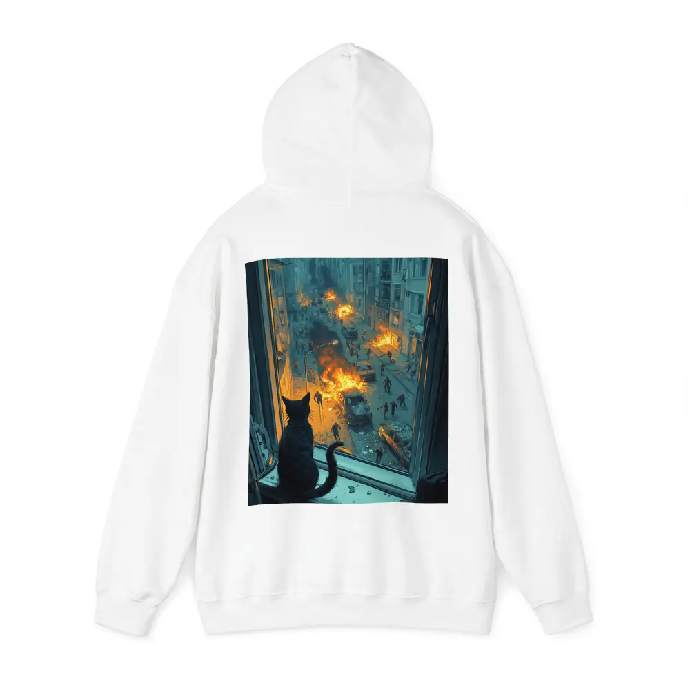Cat Watching Chaotic City Street Fire – Hoodies