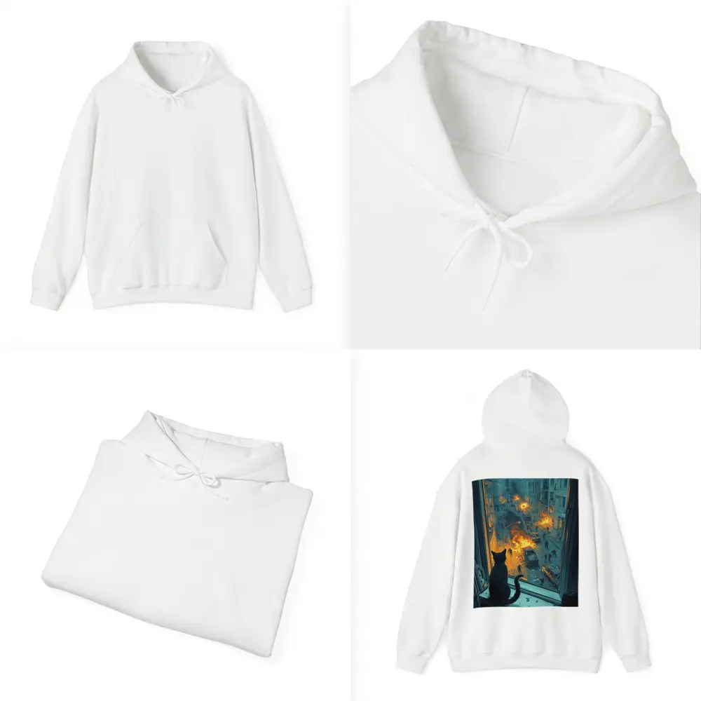 Cat Watching Chaotic City Street Fire – Hoodies
