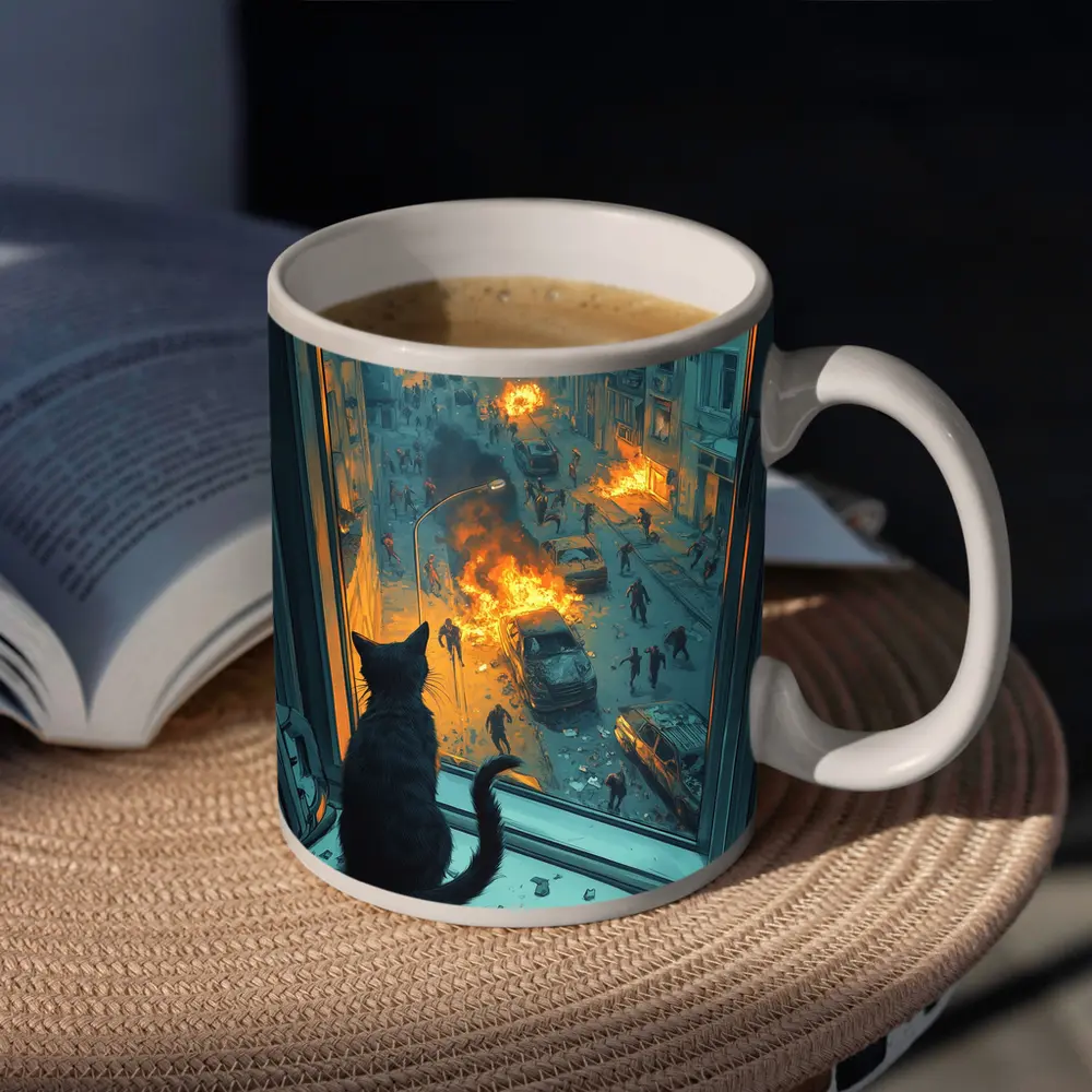 Cat Watching Chaotic City Street Fire – Mugs