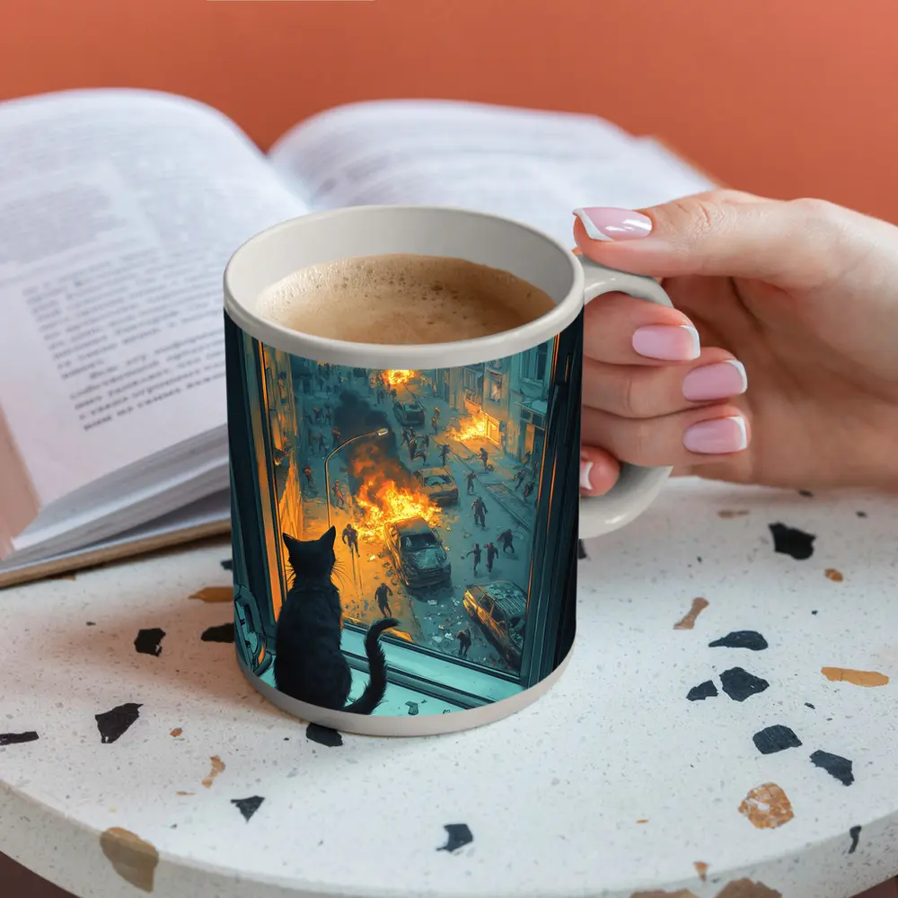 Cat Watching Chaotic City Street Fire – Mugs