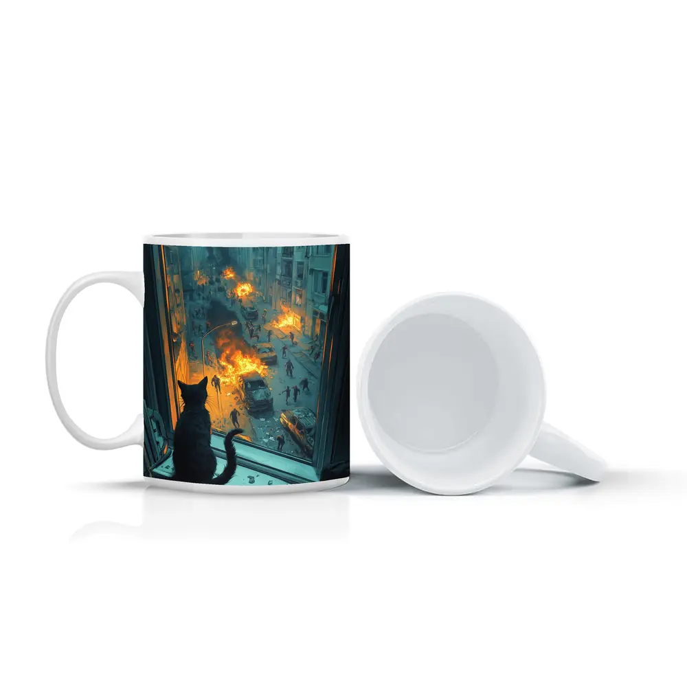 Cat Watching Chaotic City Street Fire – Mugs