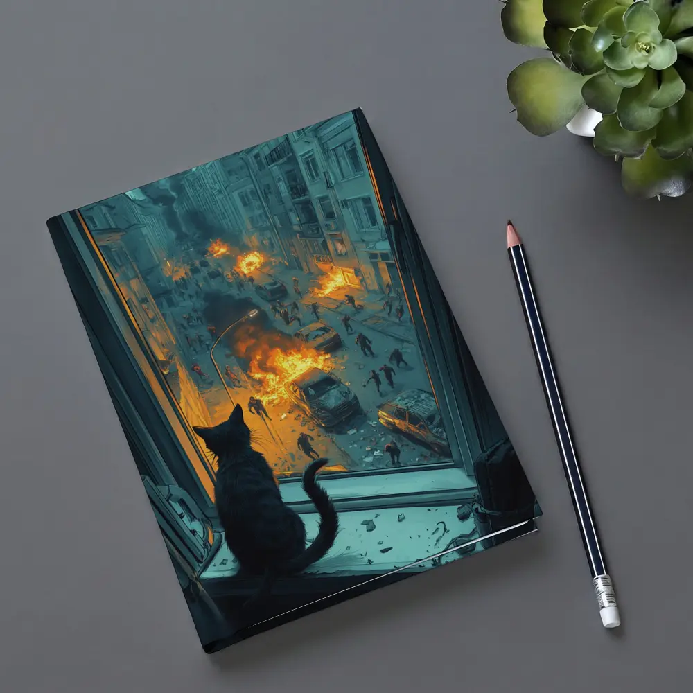 Cat Watching Chaotic City Street Fire – Notebooks