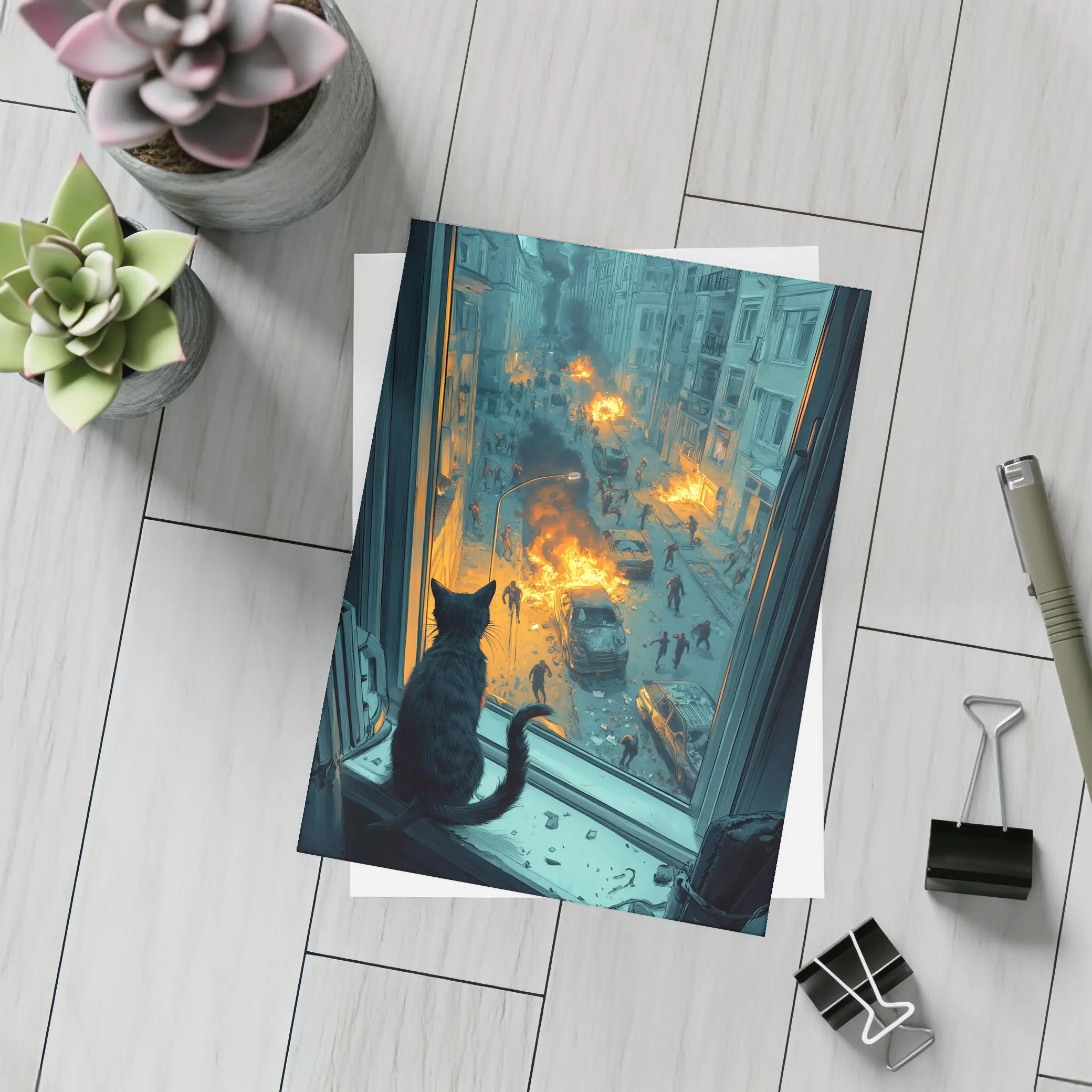 Cat Watching Chaotic City Street Fire – Postcards