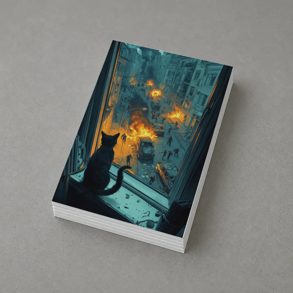 Cat Watching Chaotic City Street Fire – Postcards