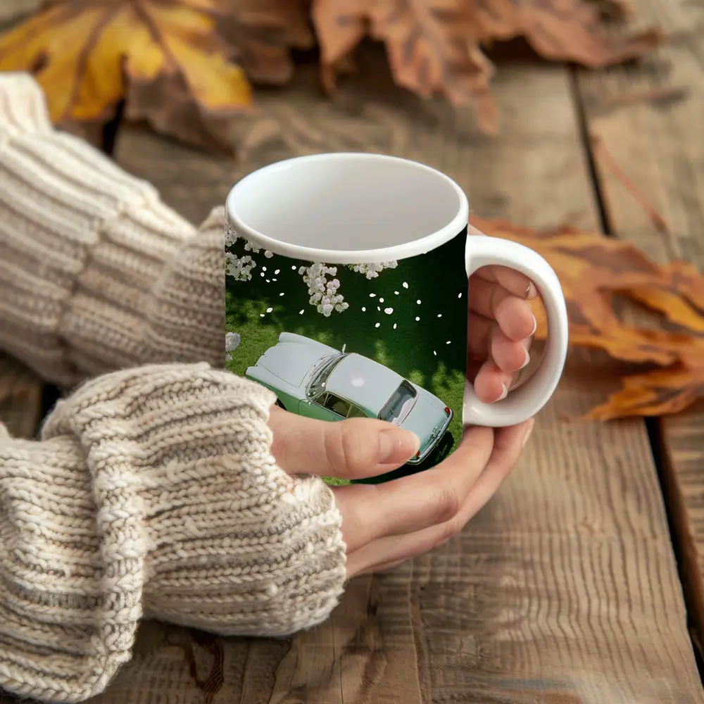 Mint Classic Car Parked Under Blooming Trees – Mugs