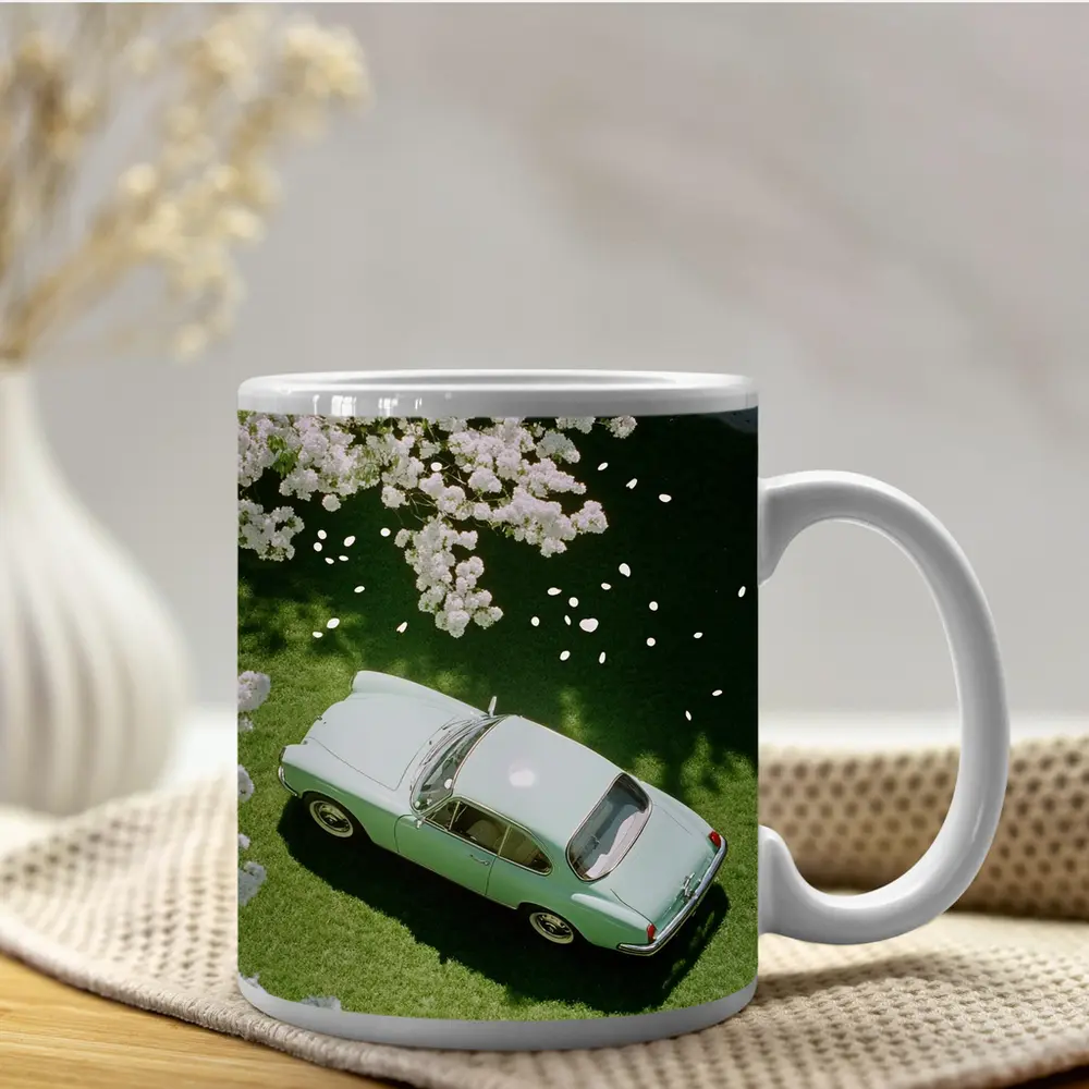 Mint Classic Car Parked Under Blooming Trees – Mugs