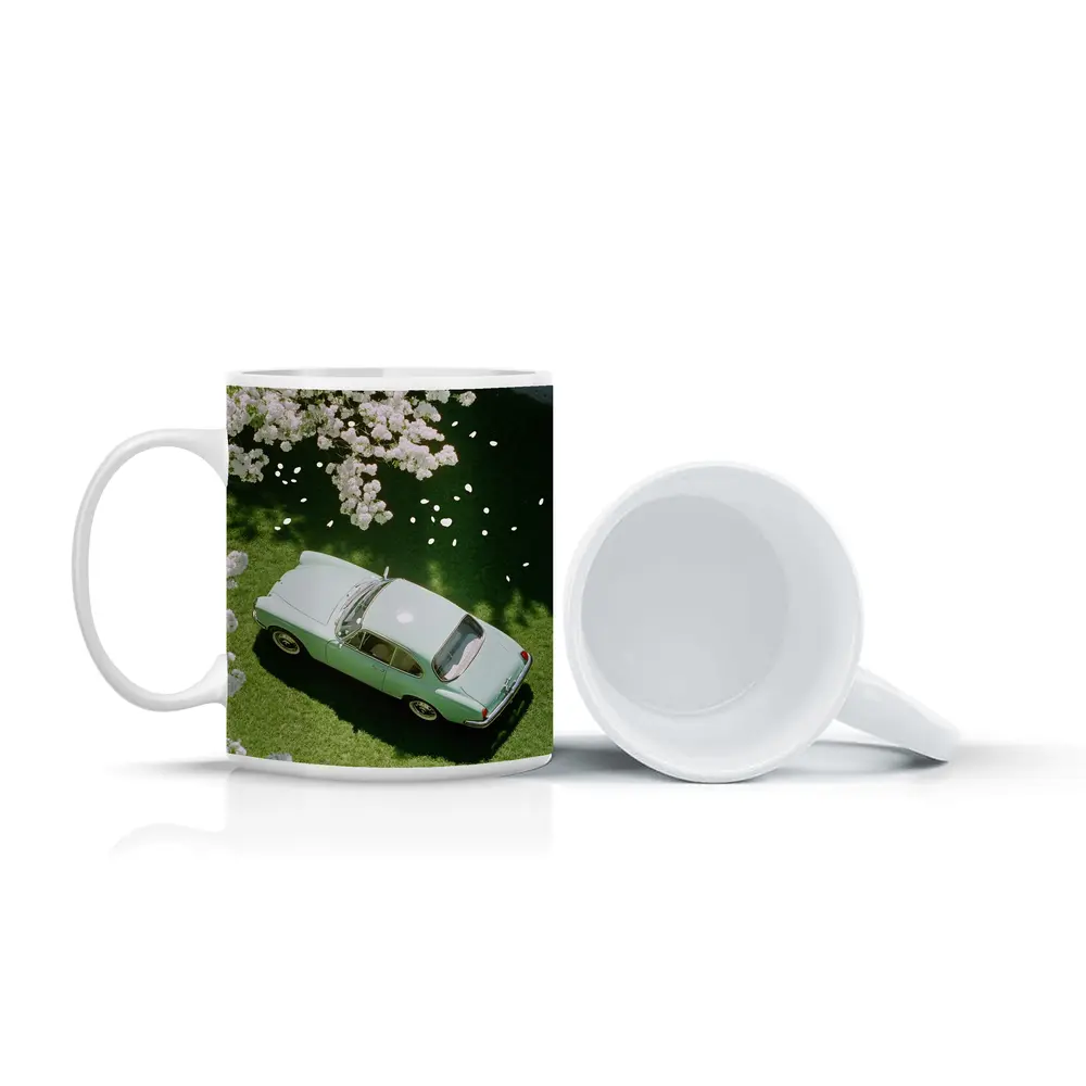 Mint Classic Car Parked Under Blooming Trees – Mugs