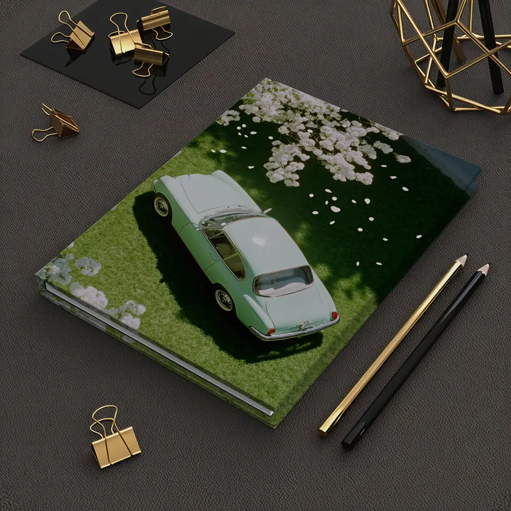 Mint Classic Car Parked Under Blooming Trees – Notebooks