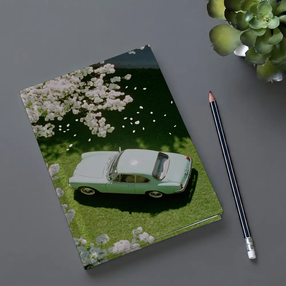 Mint Classic Car Parked Under Blooming Trees – Notebooks