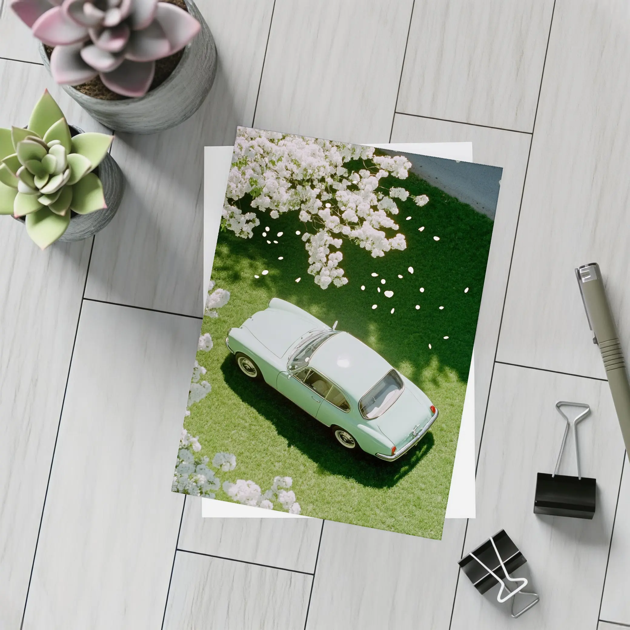 Mint Classic Car Parked Under Blooming Trees – Postcards