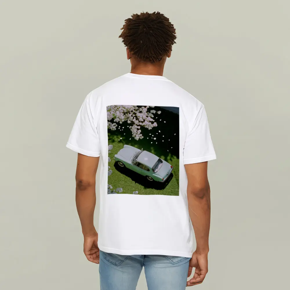 Mint Classic Car Parked Under Blooming Trees – T-Shirts