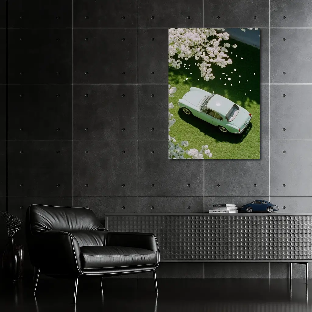 Mint Classic Car Parked Under Blooming Trees – Wall Art
