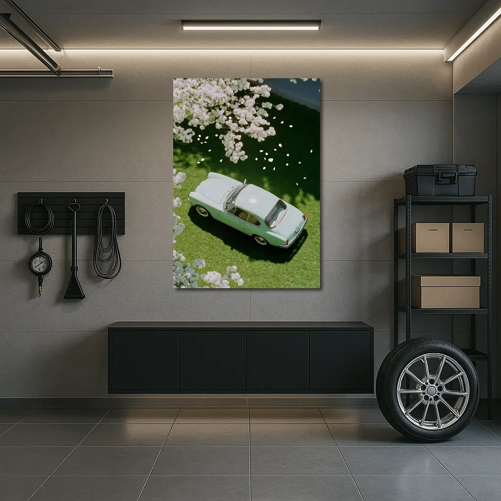 Mint Classic Car Parked Under Blooming Trees – Wall Art