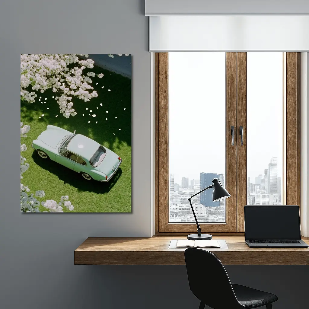 Mint Classic Car Parked Under Blooming Trees – Wall Art