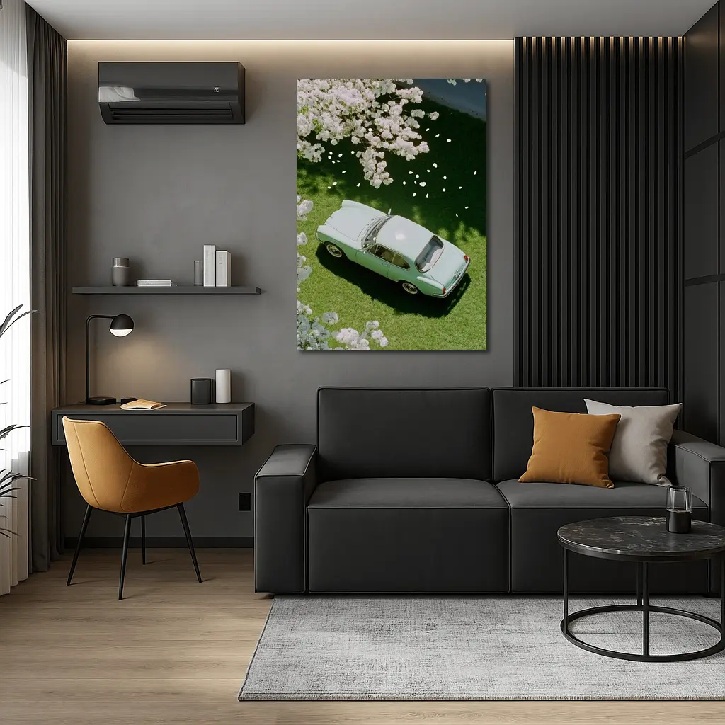 Mint Classic Car Parked Under Blooming Trees – Wall Art