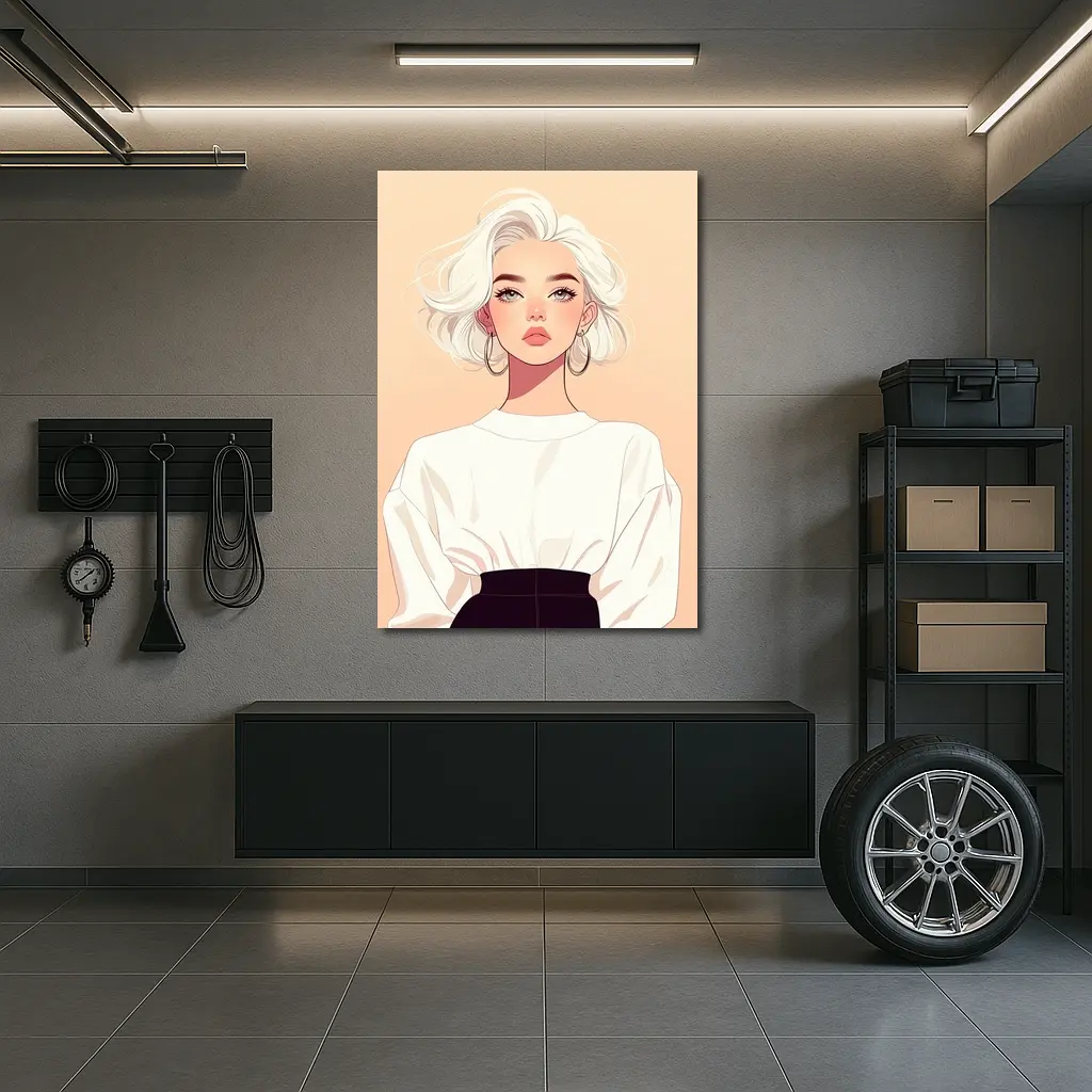 White Hair Fashion Girl Illustration Beige Background – Wall Art