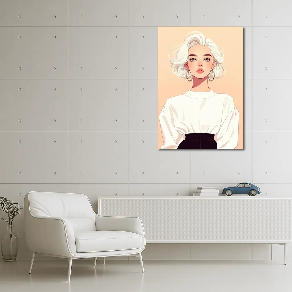 White Hair Fashion Girl Illustration Beige Background – Wall Art