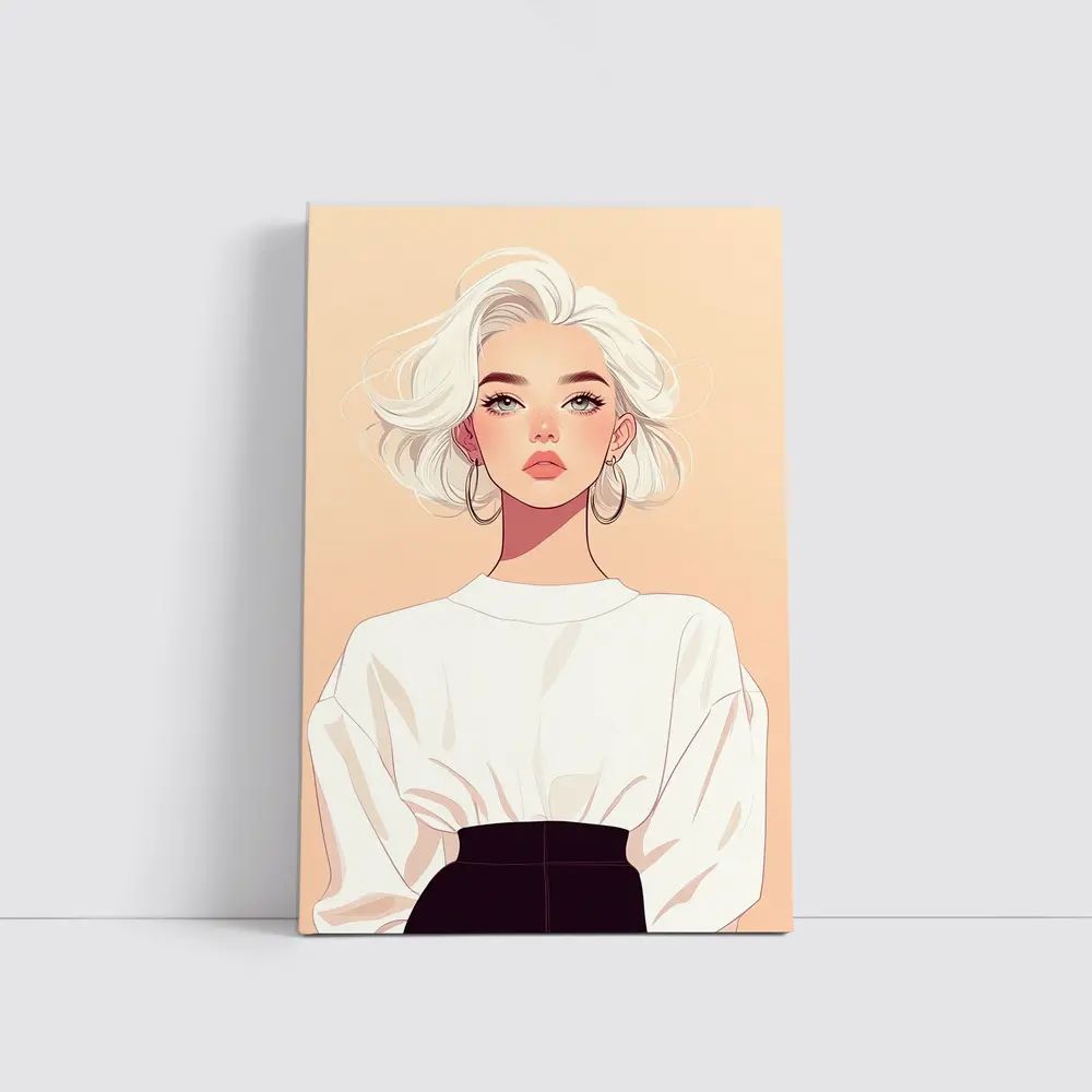 White Hair Fashion Girl Illustration Beige Background – Wall Art