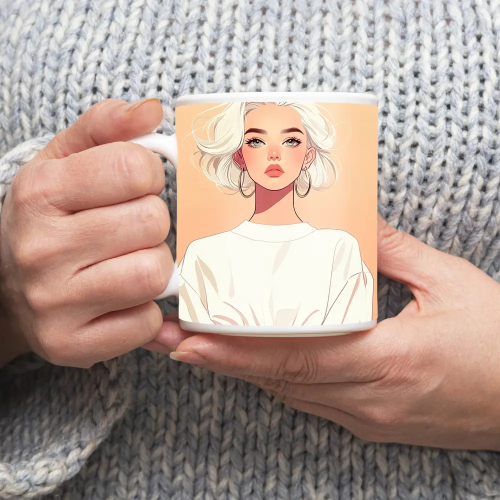 White Hair Fashion Girl Illustration Beige Background – Mugs