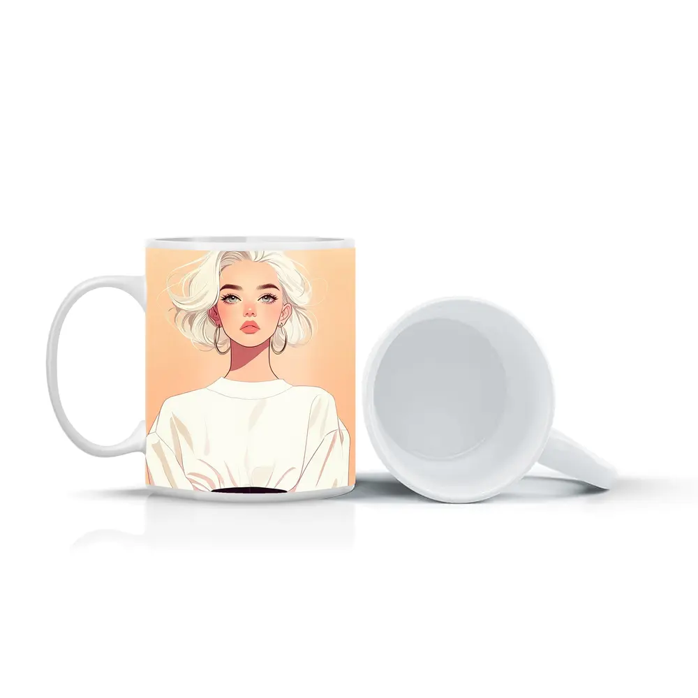 White Hair Fashion Girl Illustration Beige Background – Mugs