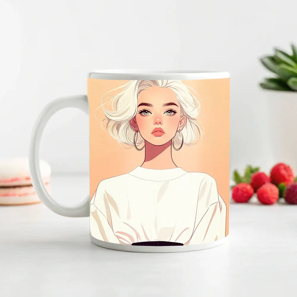 White Hair Fashion Girl Illustration Beige Background – Mugs