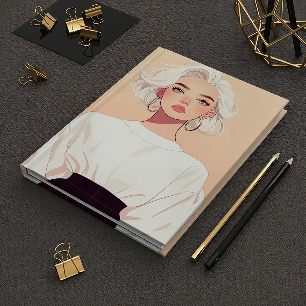 White Hair Fashion Girl Illustration Beige Background – Notebooks